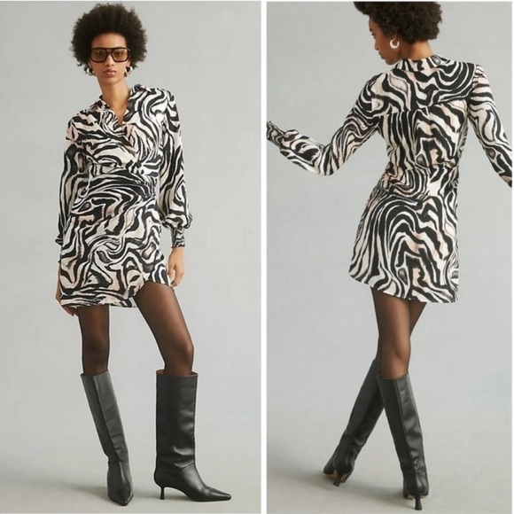 Anthropologie Black White Zebra Print Mini Dress Faux Wrap Balloon Sleeve - Picture 1 of 8